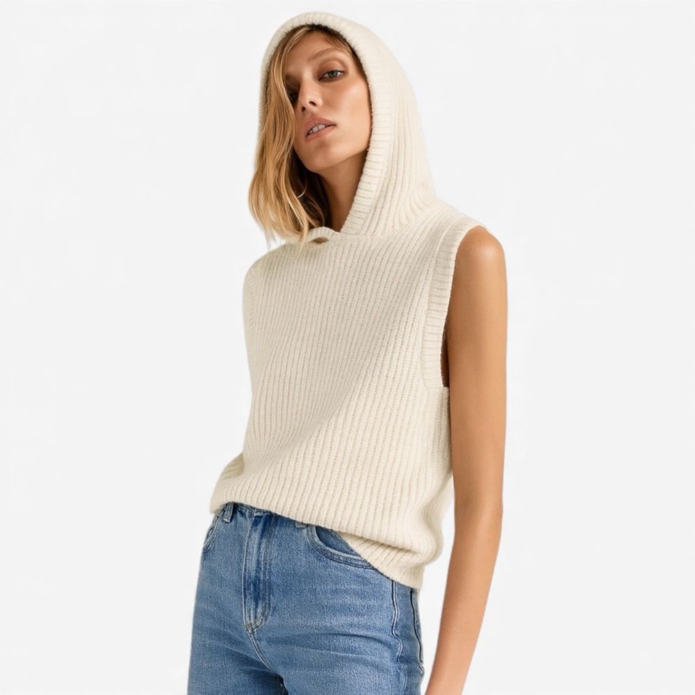 Zara Hooded Sweater Vest Cream Wool Blend Sleeveless Size S Quiet Luxury